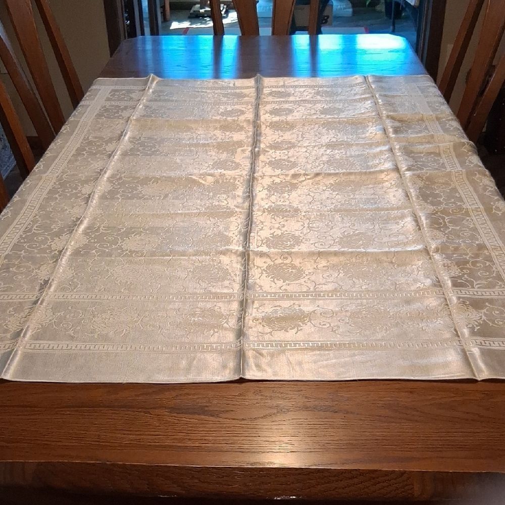 Elegant vintage White damask floral Tablecloth measures by 66" X 55"